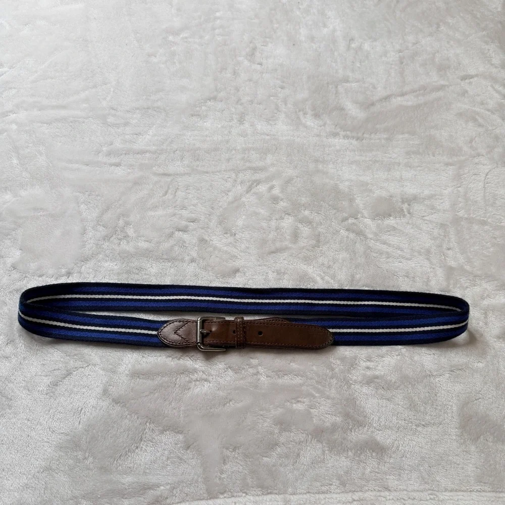 Polo Golf Ralph Lauren Navy Blue White Stripe Brown Leather Woven Fabric Belt 38